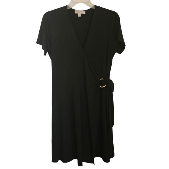 Michael Kors Dress Womens Large Black Faux Wrap MK Gold Ring & Tie Waistline - Picture 1 of 8